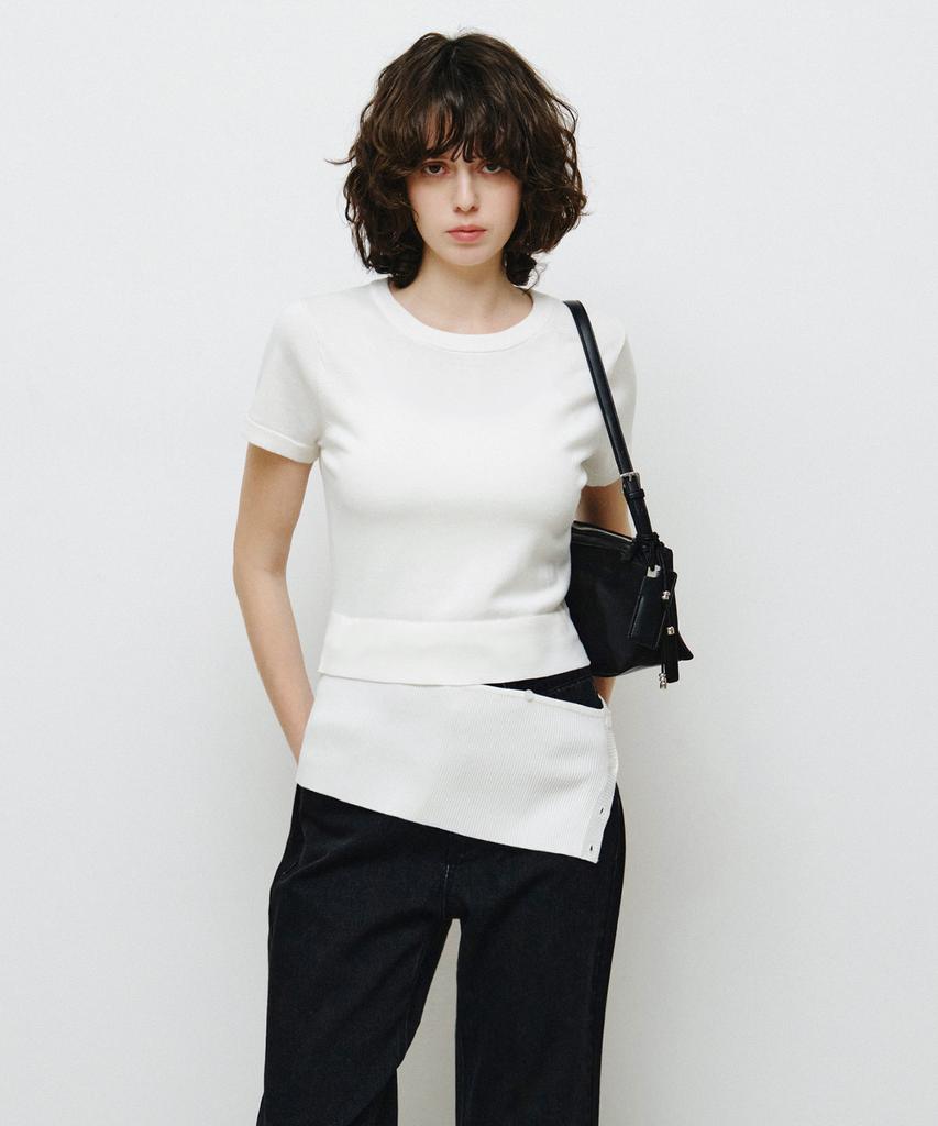 MONGDOL 2-Way Button Layered Round Neck Knit White Mdkt133White