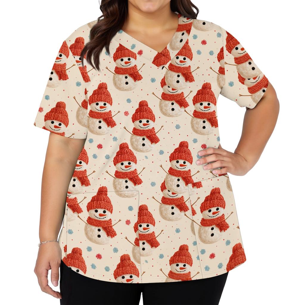 Women's Christmas Print V-Neck Short Sleeve Work Shirt with Pockets Caregiver Uniform Top