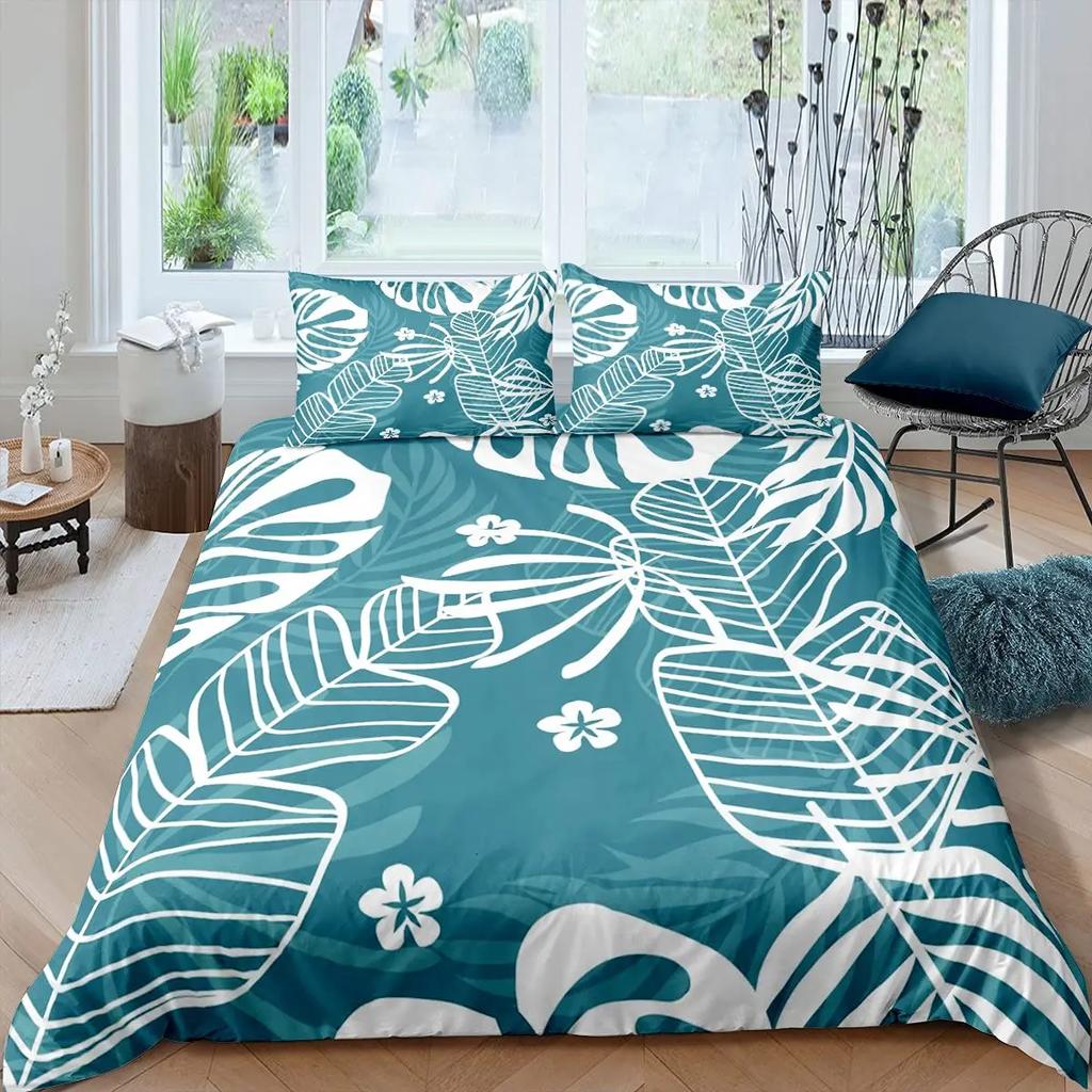 Palm Leaves Duvet Cover King Full Banana Leaves Bedding Set Hawaiian Tropical Leaves Green Branches 2/3Pcs Polyester Quilt Cover