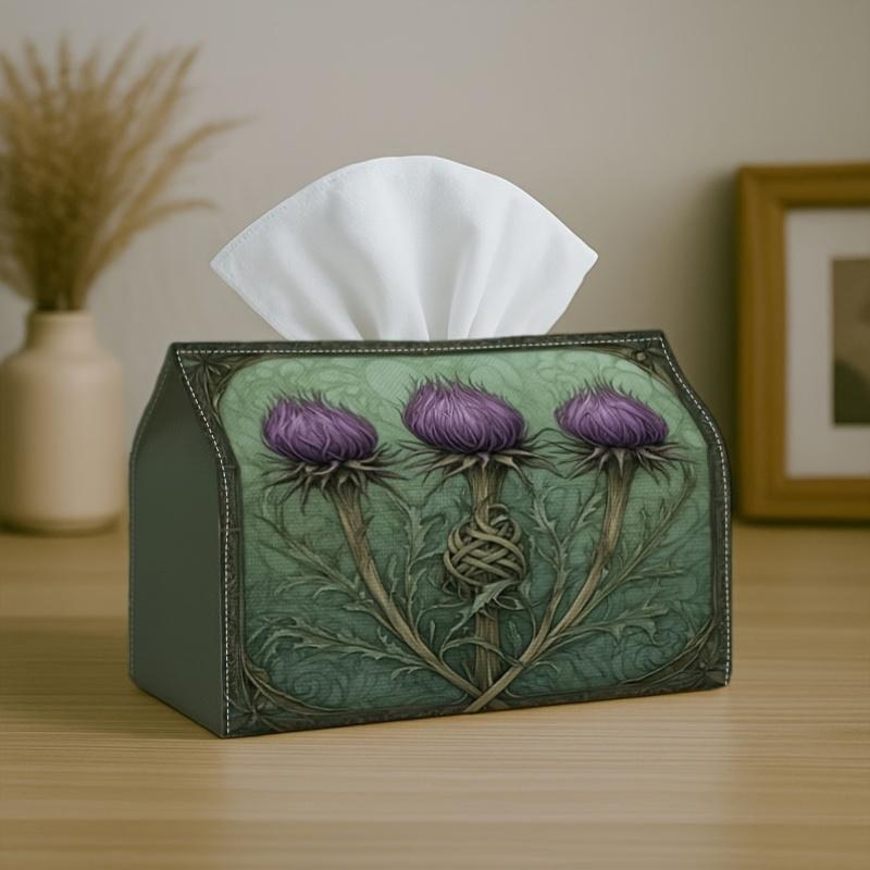 1pc Art Nouveau Celtic Thistle Tissue Holder - Purple Knot Green Plant, Sturdy Napkin Organizer for Vehicle, Kitchen, Dining, Home Decoration - Orname