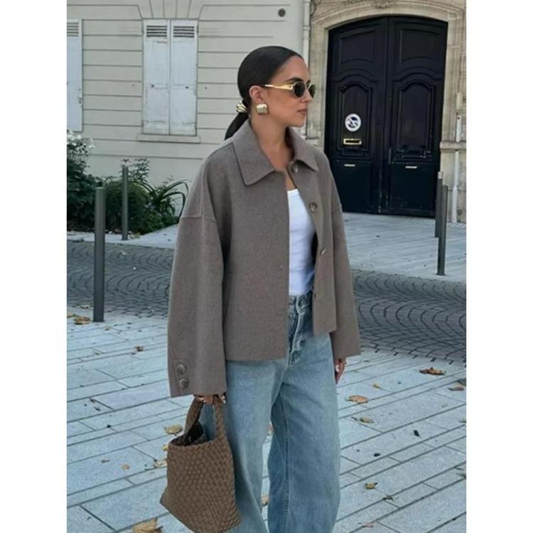 Grey Thick Warm Jacket Elegant Women Coats Single Breasted Turndown Collar Long Sleeves Fashion High Street Commute Winter Outerwear
