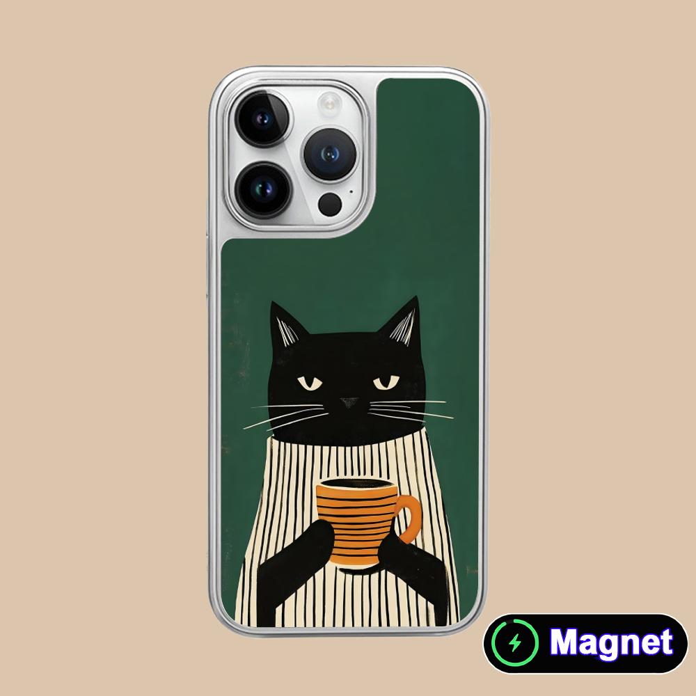 Cute Coffee Cat Silver Plating Magsafe Mobile Phone Case for iPhone 17 16 15 14 13 12 11 Air Pro Max Plus Colorful Cover