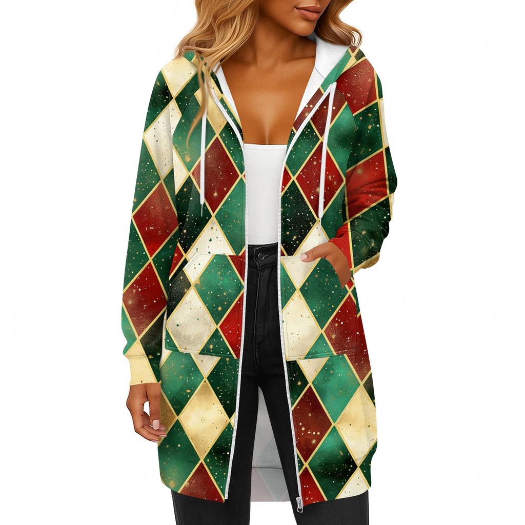 Women's Fashionable Christmas Printed Long Sleeved Drawstring Hooded Zipper Pocket Long Casual Sweatshirt Jacket