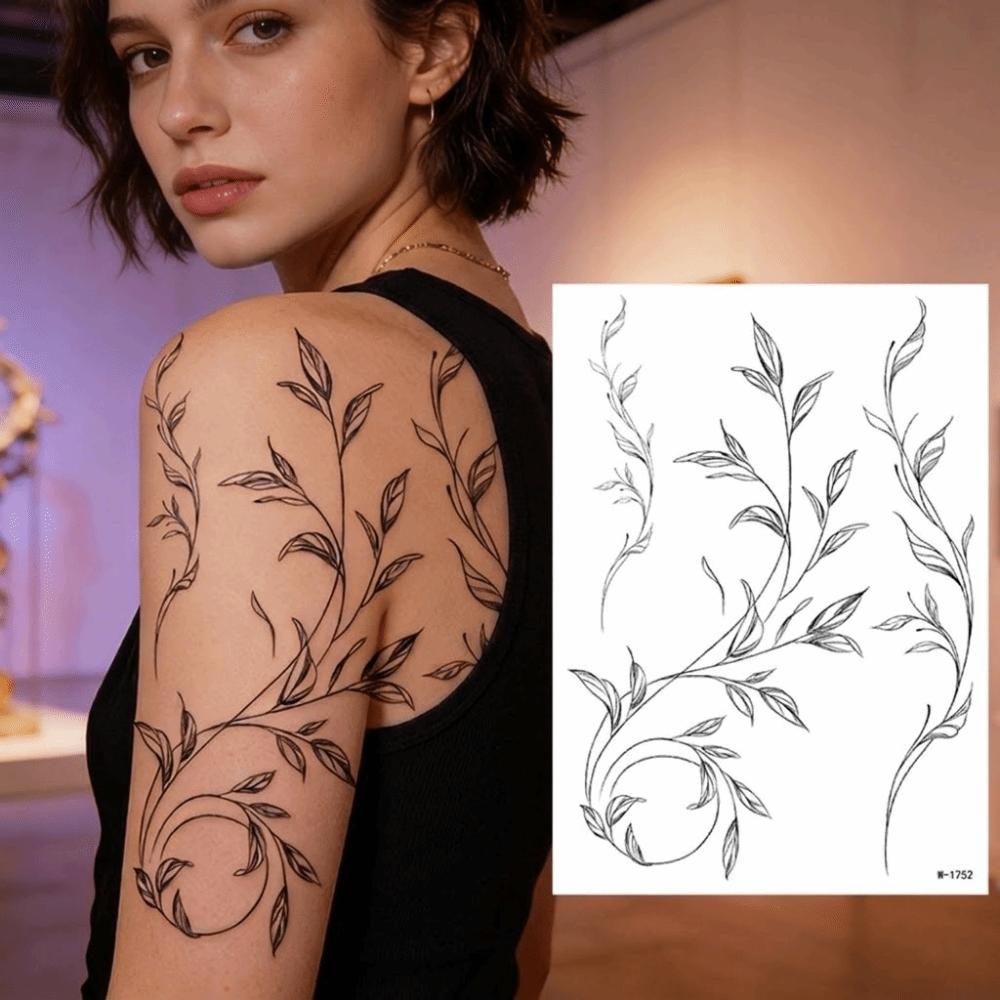 Long Lasting Black Flower Tattoo Stickers Waterproof Sketch Style Stickers Neck Shoulder Arm