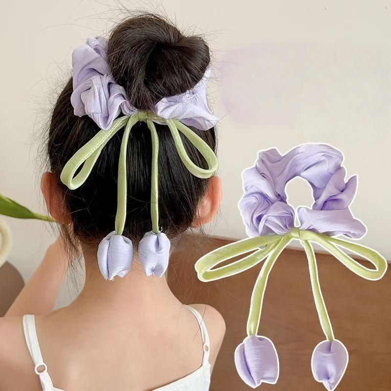 4Pcs Fashion Hair Accessories Cute Tulip Flower Large Intestine Scrunchie For Girls Sweet Hair Ornament Headband Hair Tie