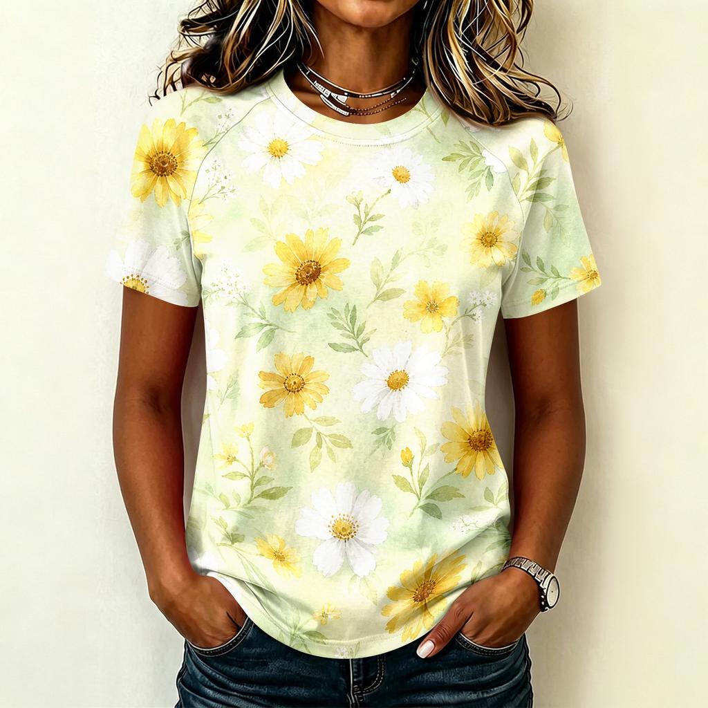 Women's Casual Raglan Sleeve Crew Neck Floral Print Short Sleeve Top Lightweight Comfortable Fit Soft Fabric