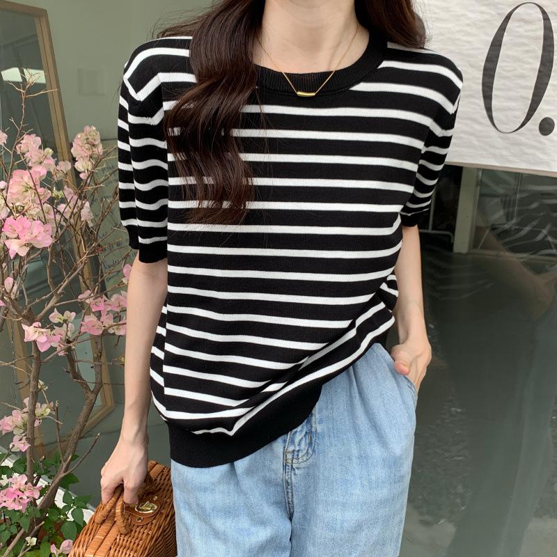 Women's Short Sleeve Striped Knit Top - Summer 2026 Korean Style T-shirt, Thin Base Layer Color Block.