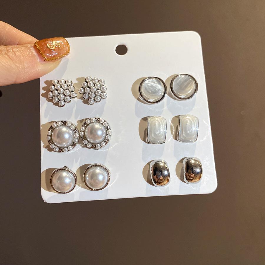 6/10/12 Pcs Simulated Pearl Round Square Stud Earrings Small French Elegant Daity Ear Studs for Women Daily Jewelry Sets F