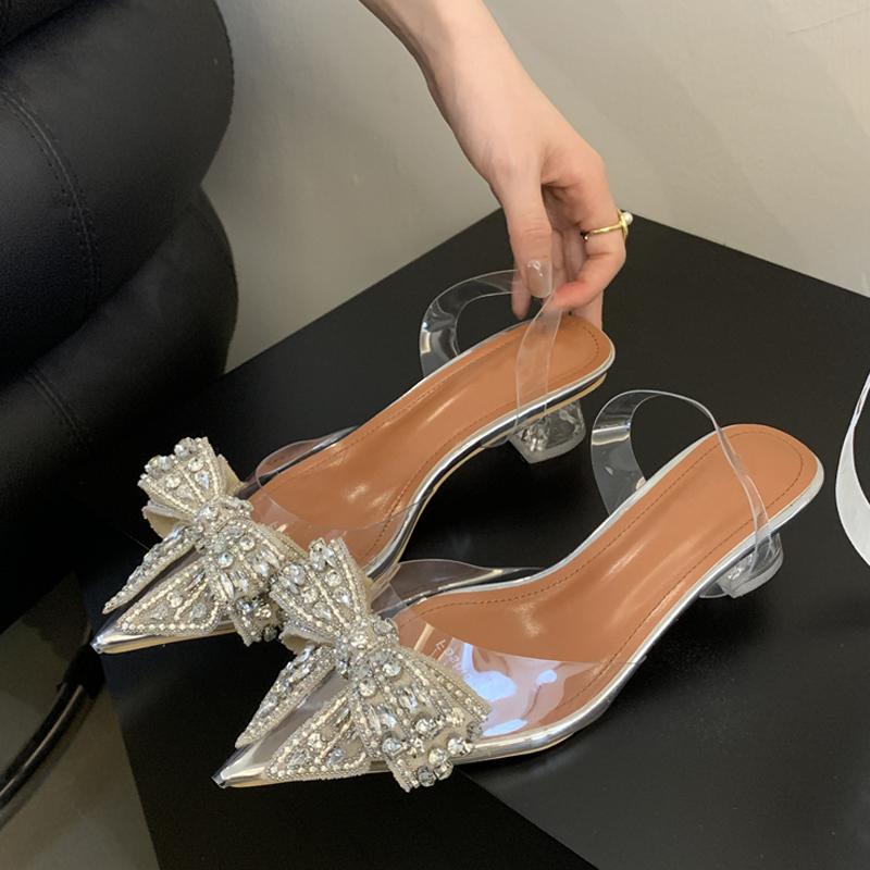Fashion Eilyken Elegant PVC Transparent Sequined Bowknot Women Pumps Crystal Low High Heels Sandals Party Prom Shoes Zapatillas De Mujer