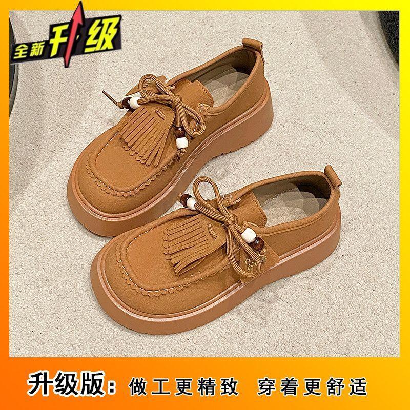 Versatile casual fringed Birken women's shoes 2025 spring and summer new heightened platform muffin round head lace-up single shoes women