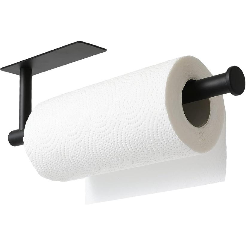 Theaoo Paper Towel Holder - Under Cabinet Paper Towel Holder for Kitchen, Adhesive Paper Towel Roll Rack for Bathroom Towel, Wall Mounted Matte Black