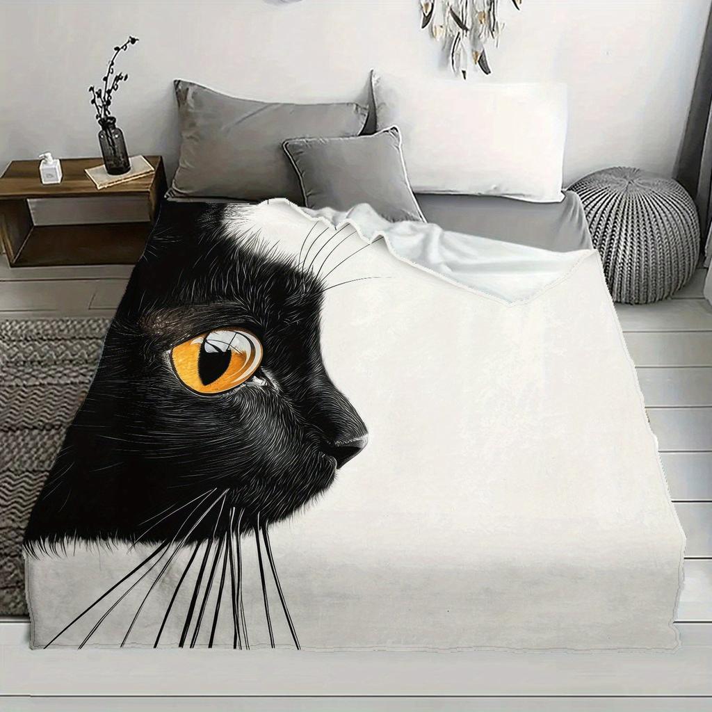 Luxurious Cat Face Print Fleece Throw Blanket - Cozy, All-Season, Tear-Resistant Polyester - Ideal for Home Decor, Sofa, Pets, O