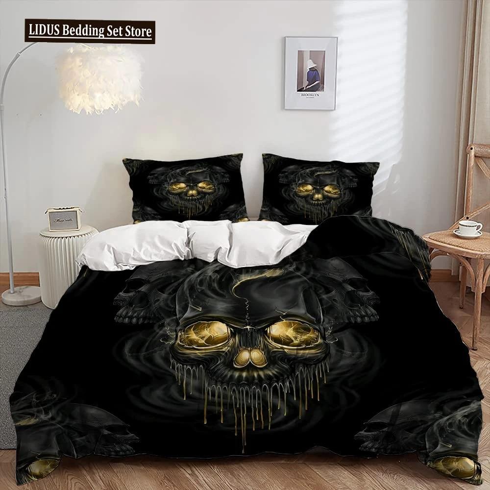 3D Totenkopf Bettbezug Set, Gothic Totenkopf Bettwäsche Sets, Totenkopf Skelett Bettdeckenbezug Full Queen Größe, Halloween Horror Steppdeckenbezug