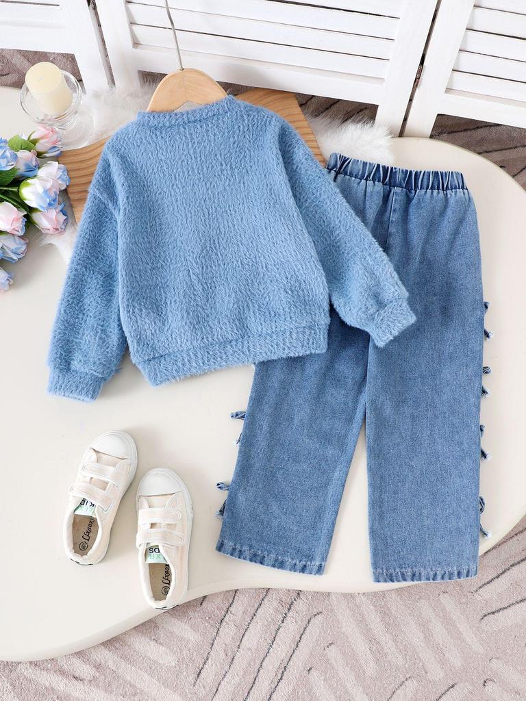 Neues Europäisches & Amerikanisches Baby-Mädchen-Set: Blauer Hoodie und Hose