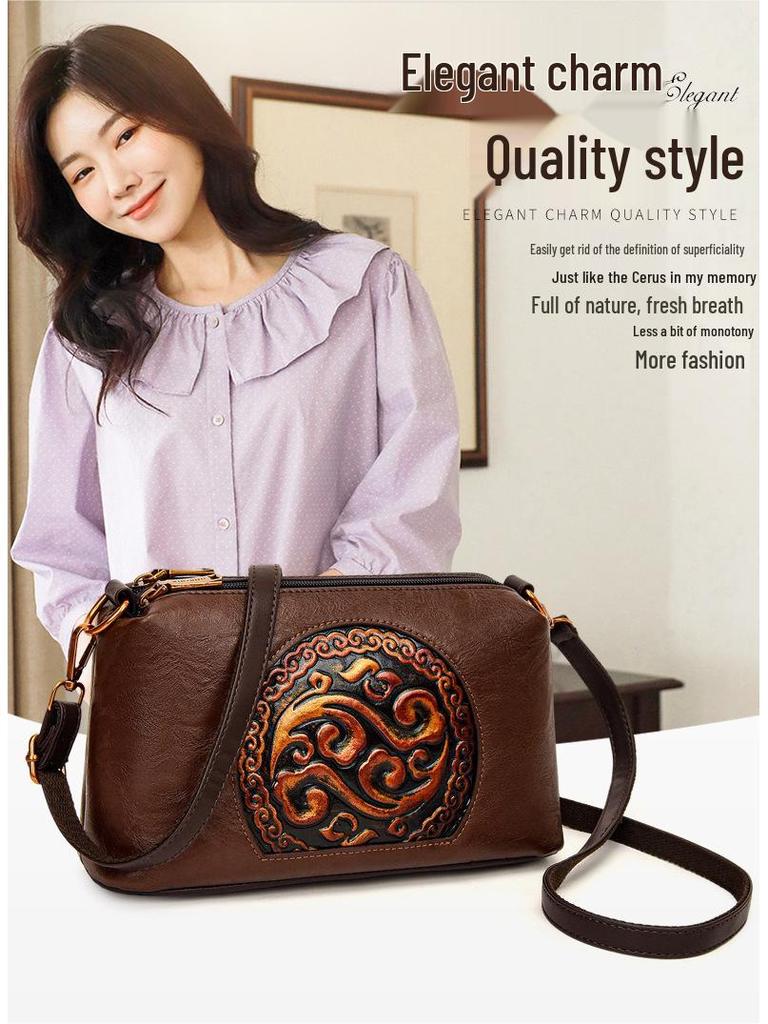 2025 Retro Ethnic Style Women's Genuine Leather Crossbody Bag for Middle-Aged Women