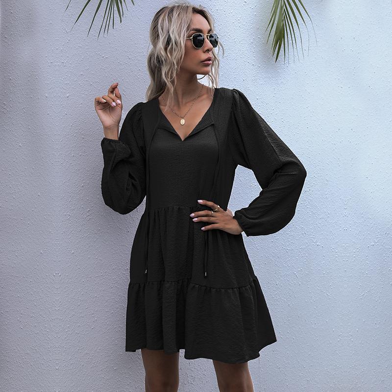 

YYFS женские модные летние весенние однотонные повседневные платья с длинным рукавом и круглым вырезом с принтом XL чёрный