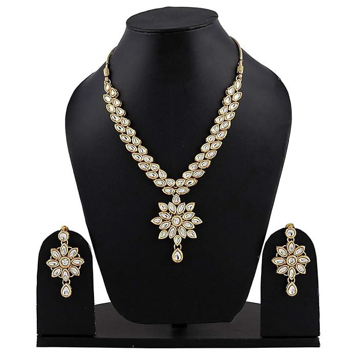 Fashion Jewellery Gold Plated Kundan Fancy Party Wear Necklace Traditional Jewellery Set with Earring for Women and Girls