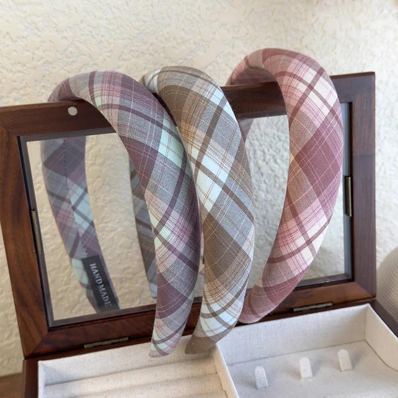 Spring Sweet Plaid Headbands Sponge Wide Bezel Hair Hoop for Womans Girls Temperament Hairband Female Fashion Hair Accessories