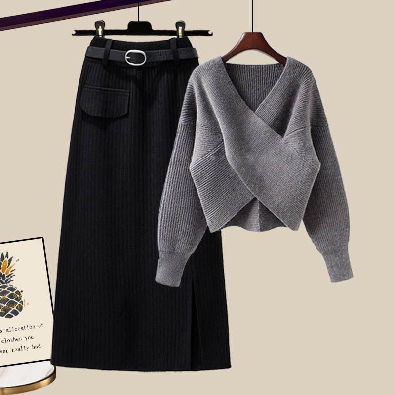 2pcs Women's Knit Skirt Suits Autumn Winter V-Neck Sweater Knit Pencil Skirt Two Piece Set Loose Pullover Sweater  Knit Top  SkirtOutfits