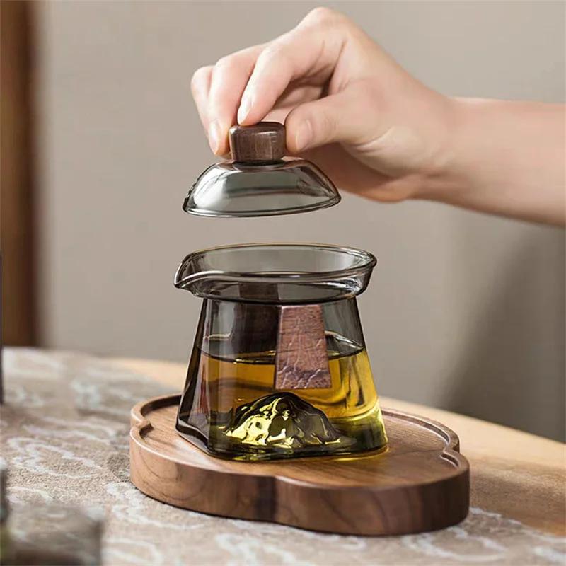 Heat-resistant Glass Gaiwan Tea Tureen with Scald Proof Wood Chips Simple Kung Fu Tea Set Bottom Mountain View Tea Cup and Bowl