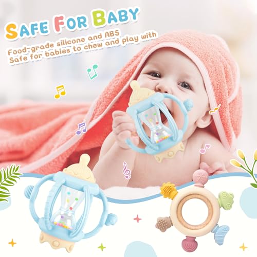 2 Pack Baby Teething Toys for 6-12 Months, Sensory Teether, Montessori Baby Rattle Teether Toy as Gifts for Boys Girls (Blue)