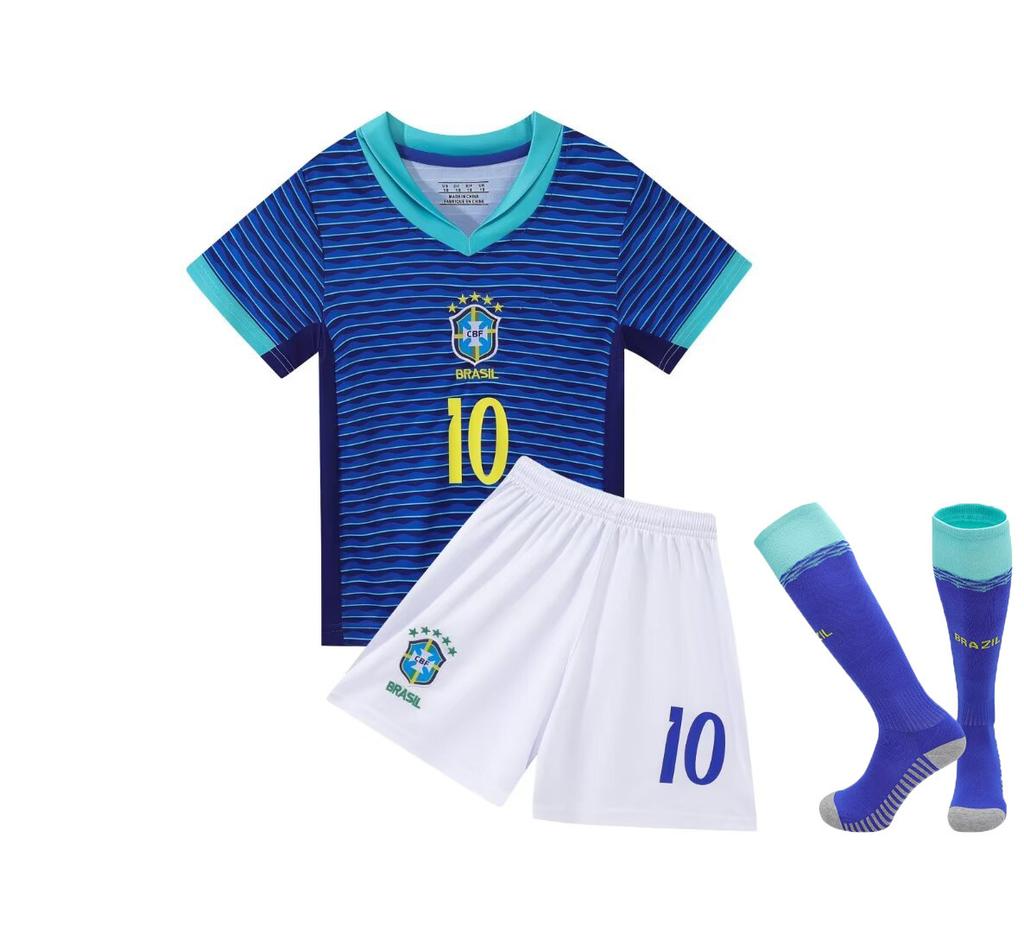 24-25 Brazil Away Blue No. 10 National Team Football Jersey Children's Clothing Children's Set Size 14-30