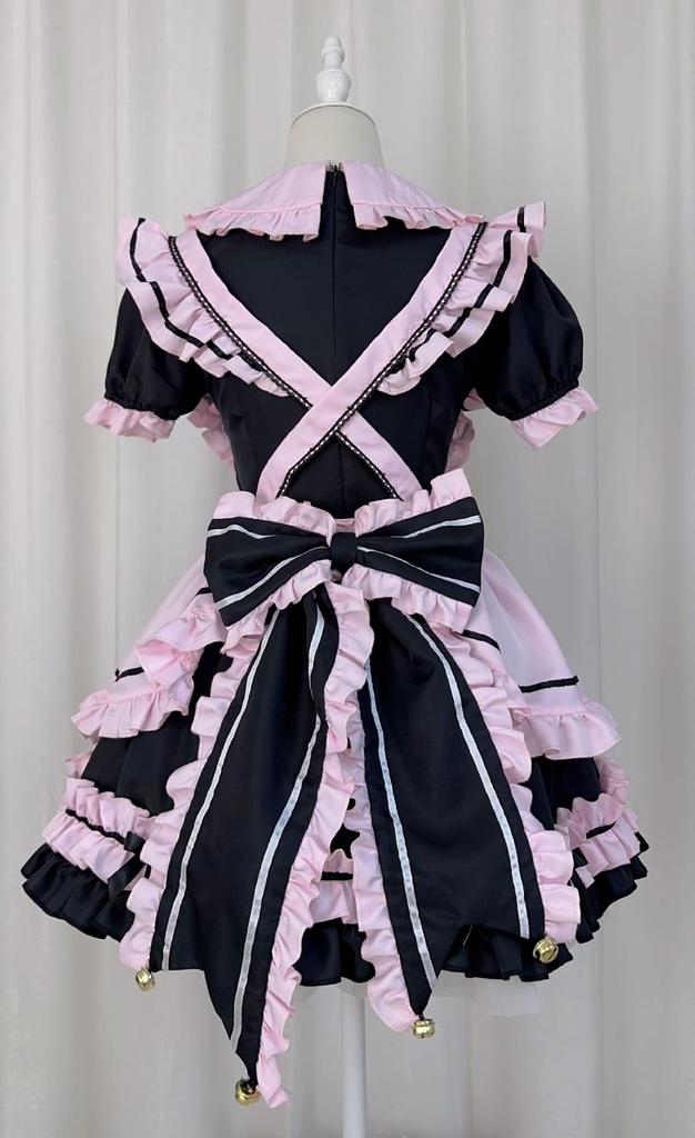 Maid Gothic Waitress Cosplay Costume with Ruffled Lolita Neat and Short Black and Pink Size [Shangki Manufacturing] Outfit, Lolita, Headband, Cute,