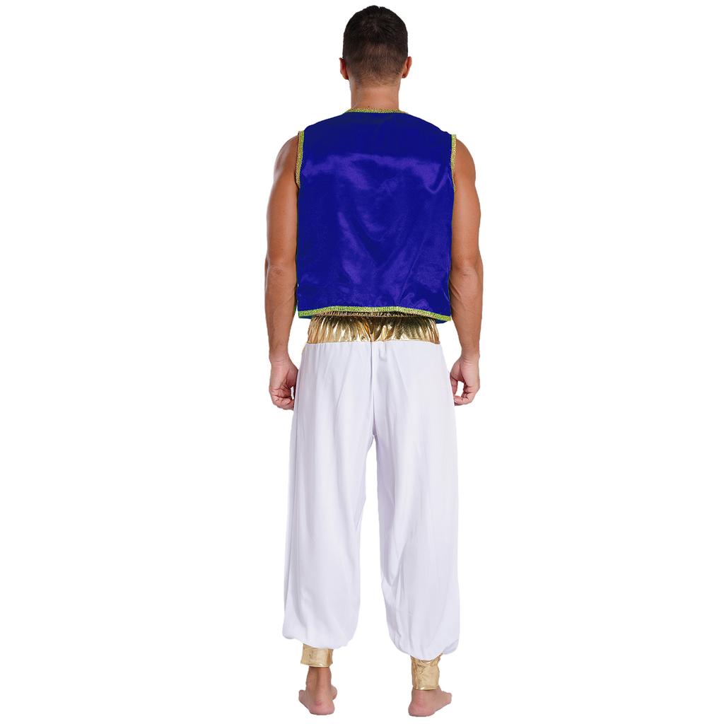 Mens Arabian Prince Costume Set Sleeveless Braided Trimming Open Front Waistcoat Elastic Waistband Patchwork Pants