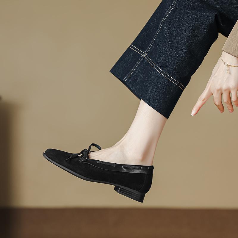 Retro suede British style flat Mary Jane women's shoes bow ballet shoes one pedal shallow mouth square head single shoes