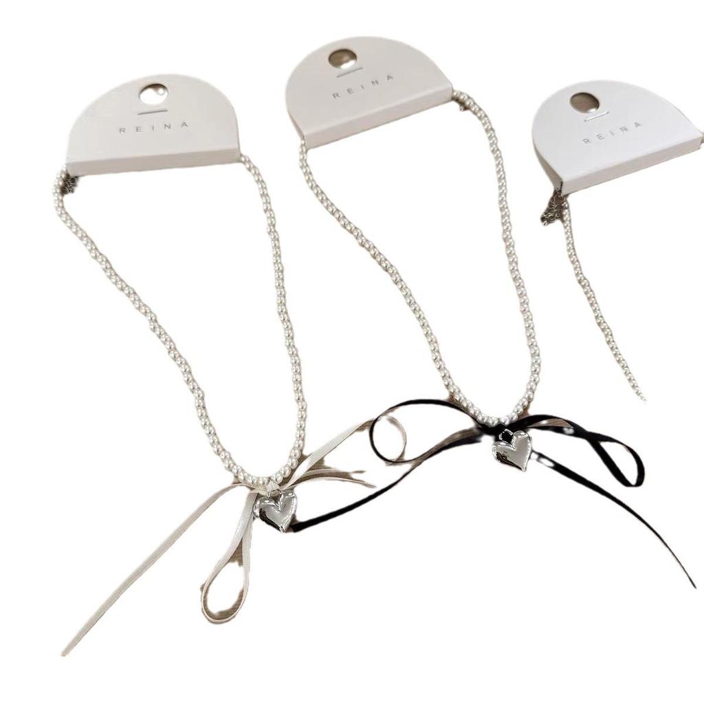 Korean 3D Metal Heart Pearl Bow Necklace - Unique Fashion Design Clavicle Chain