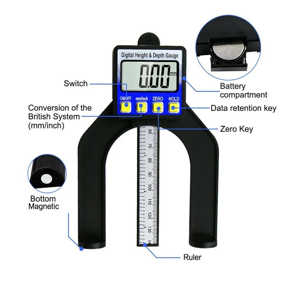 Digital Depth Caliper Tread Height Gauge LCD Display Magnetic Measurement Tool Precision Instrument