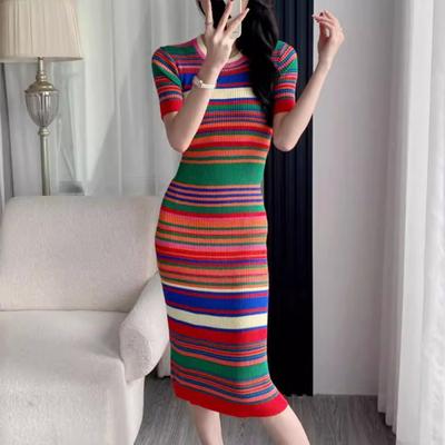 Women's Fashion Summer Spring Stripe Print Short Sleeve O-Neck Slim Casual Dresses