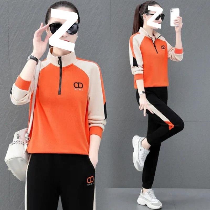 Embroidered Sports Suit for Women, Spring and Autumn Fashion Loose Large Size Stand Collar Casual Color Matching Running Two-piece Set