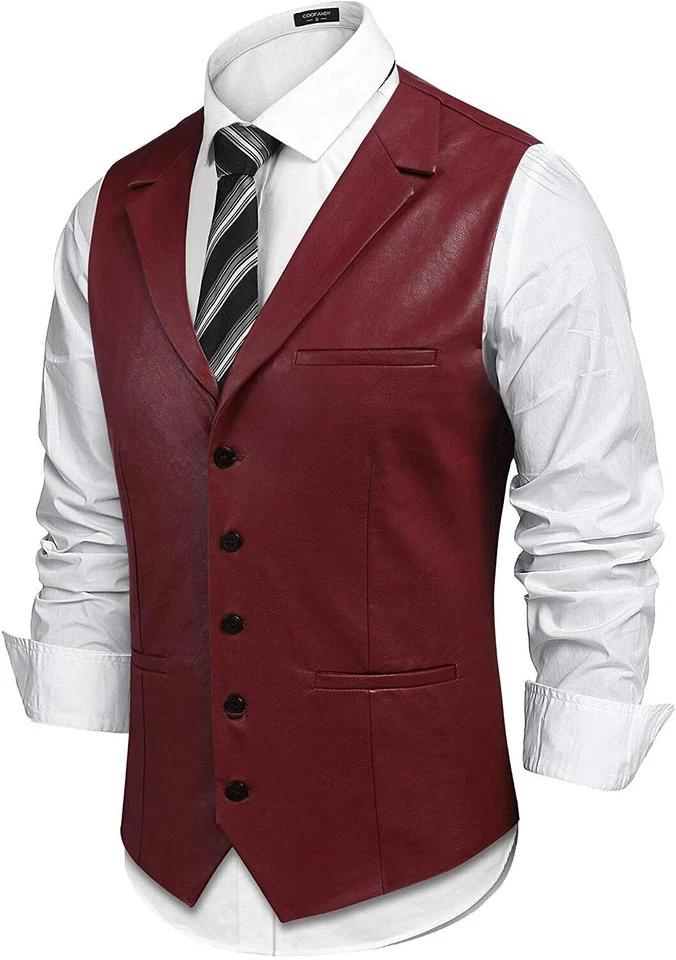 Classic Maroon Handmade Button Western Men's Vest Coat Lambskin Leather Formal Office Wear