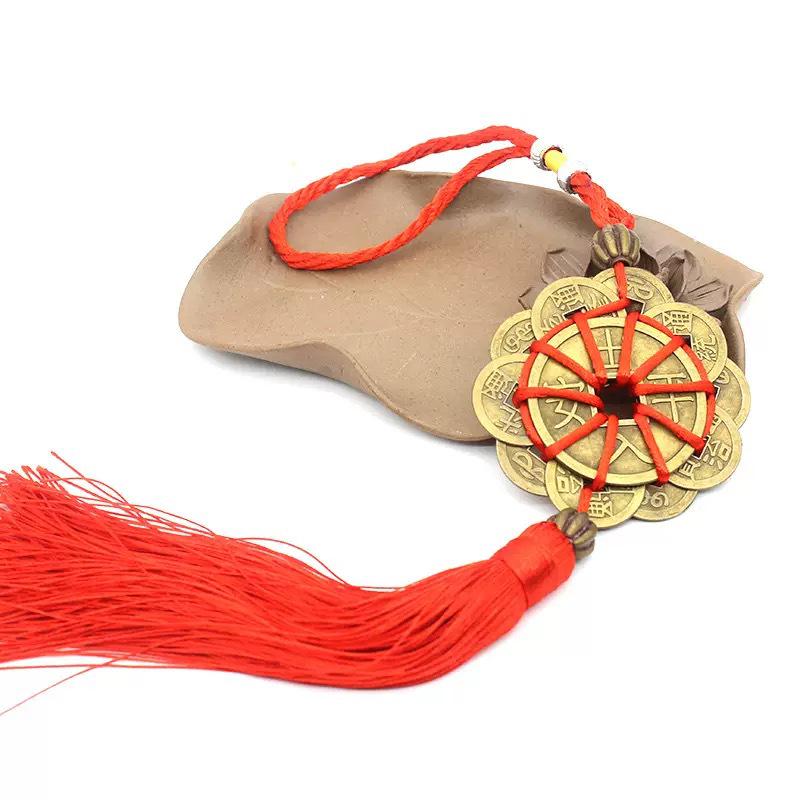 Fu Lu Zhen Zhai Chinese Gourd Pendant with Five Emperors Copper Coins and Gold Edge – Wealth Knot Ornament Gift