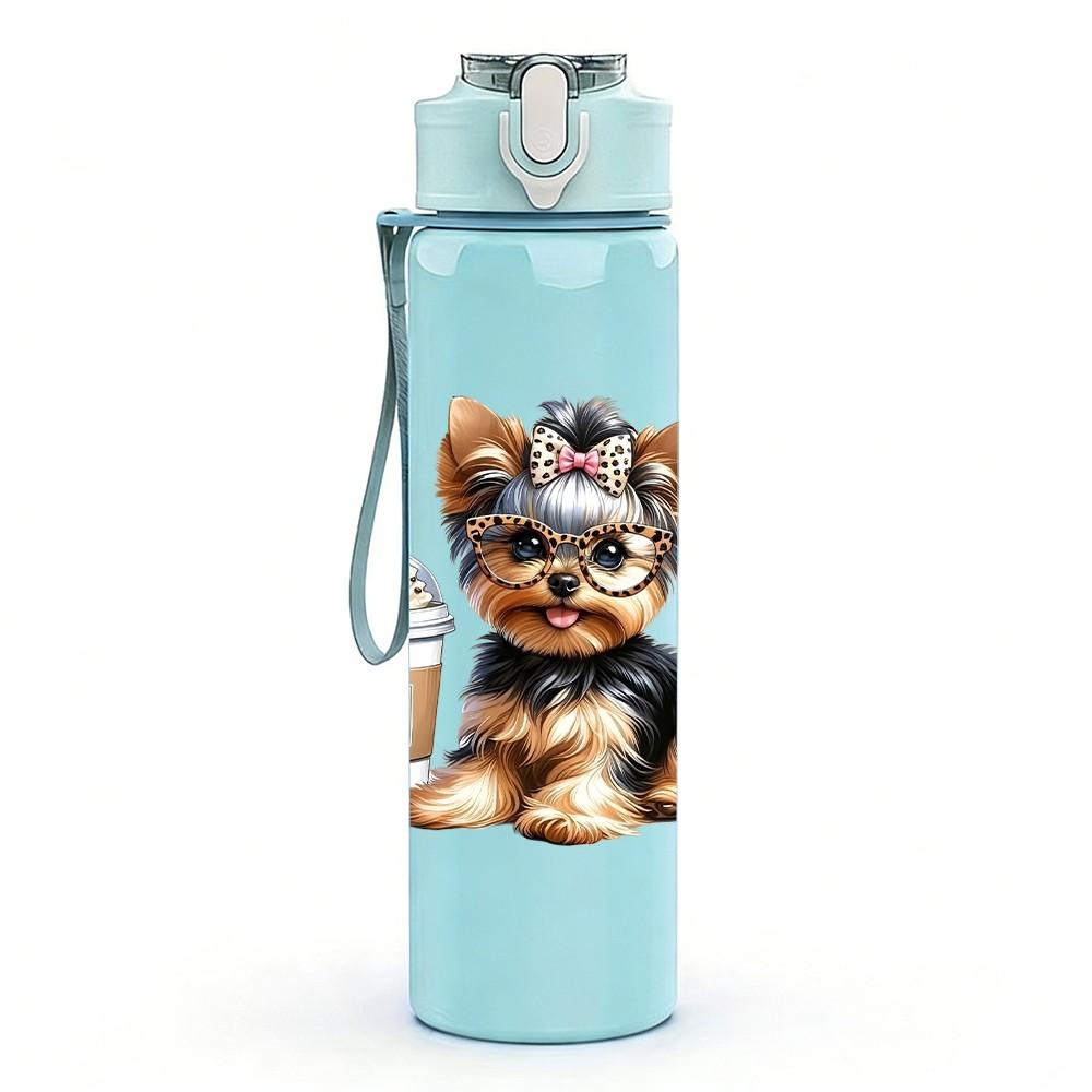 1PC Cute Coffee Puppy Dog Pattern 750ml Color Plastic Sports Water Bottle Leakproof Flip Straw Lid Suitable for Sports Office Home Use