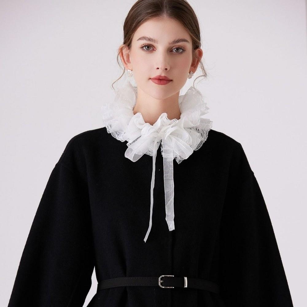 Lace Ruffled Shawl Detachable Front Tie Black Ruffled Sleeve Lace Fake Collar  Clothes Accessory