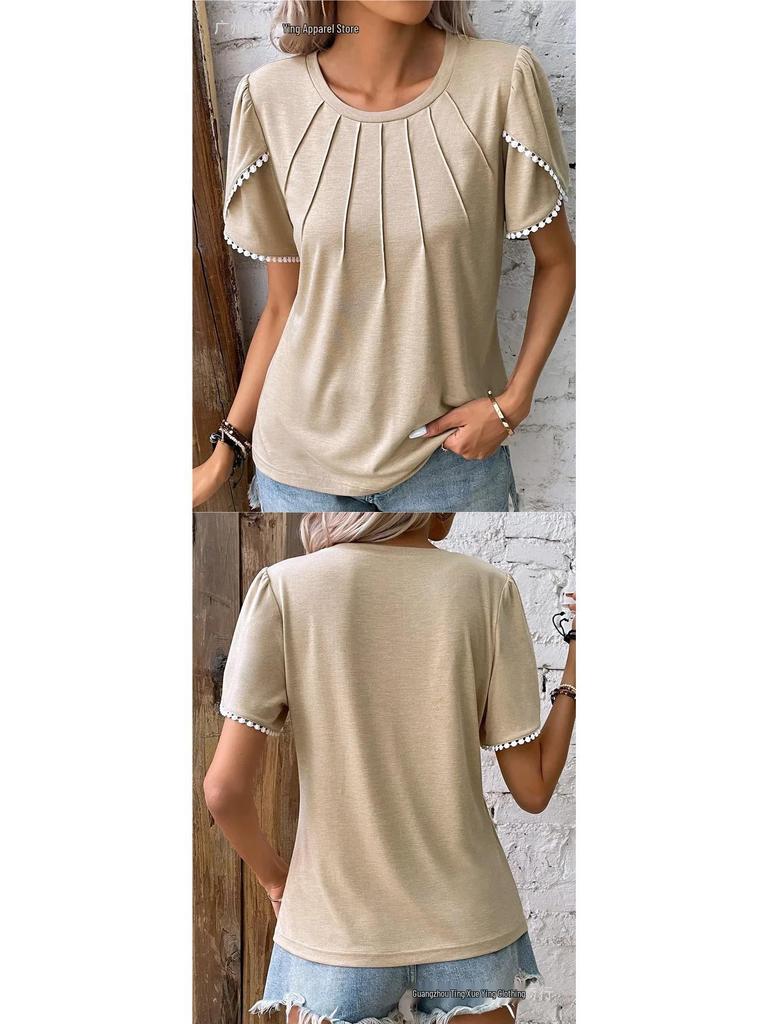2026 Women's Summer Solid Color Pleated T-Shirt with Lace Short Sleeves