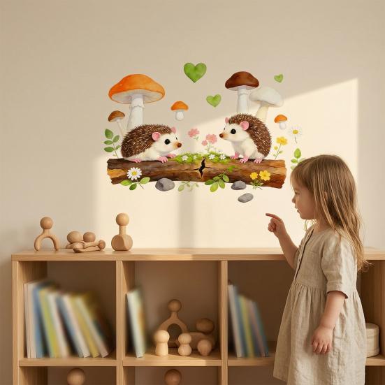 Yousheng Cute Hedgehog and Mushroom Wall Stickers, Watercolor Cartoon Animal Decals for Kids Room Nursery Kitchen, Removable PVC Waterproof