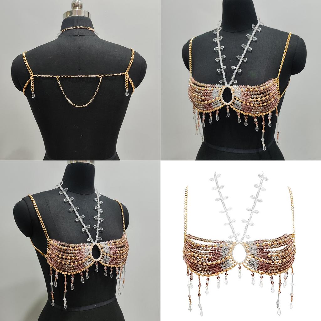 Women's Beaded Crystal Tassels Halter Neck Bra Chain Crop Top Hollowout Body Jewelry Chest Chain for Nightclub Festival