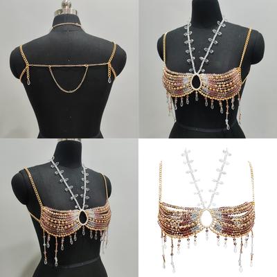 Women's Beaded Crystal Tassels Halter Neck Bra Chain Crop Top Hollowout Body Jewelry Chest Chain for Nightclub Festival