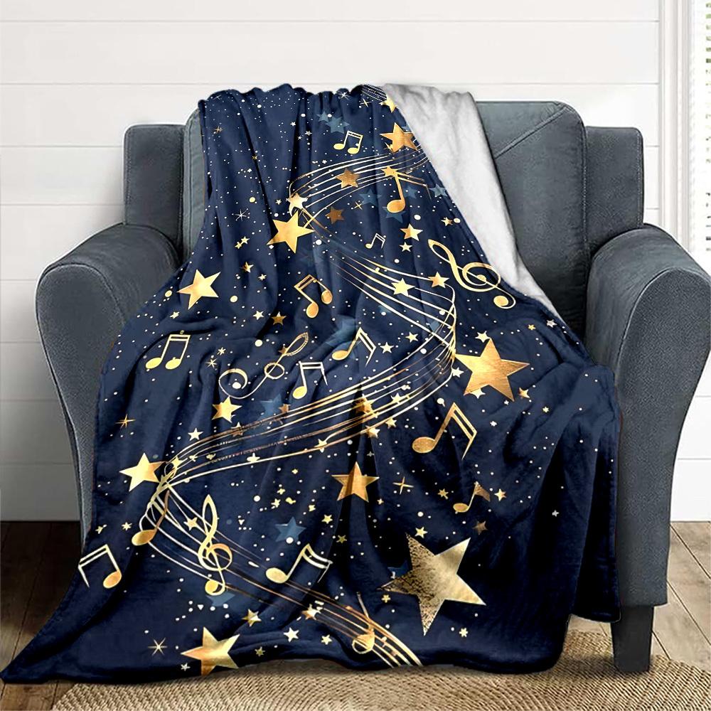 1pc Music Stars Print Blanket - Lightweight Flannel Throw Blanket For Sofa, Bed, Living Room, Office, Outdoor Travel, Camping, Soft All-Season Throw