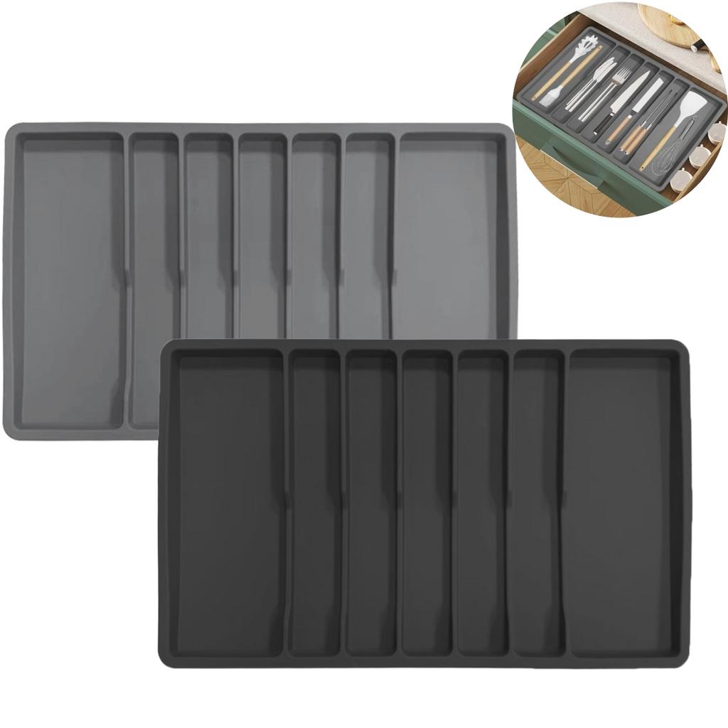 Flexible Silicone Cutlery Tray with Seven Compartments Non Slip Silverware Drawer Organizer Kitchen Utensil Holder