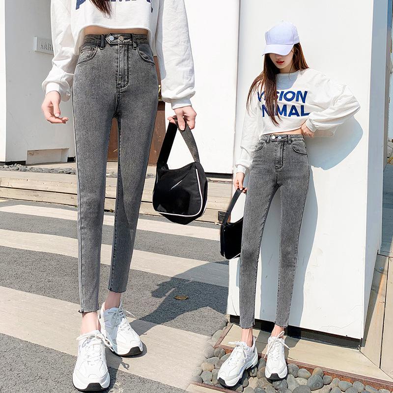 

Джинсовые женские джинсовые брюки с двойной пряжкой и высокой талией, эластичные весенние, новая тонкая версия узких девятиминутных женских брюк небольшого кроя