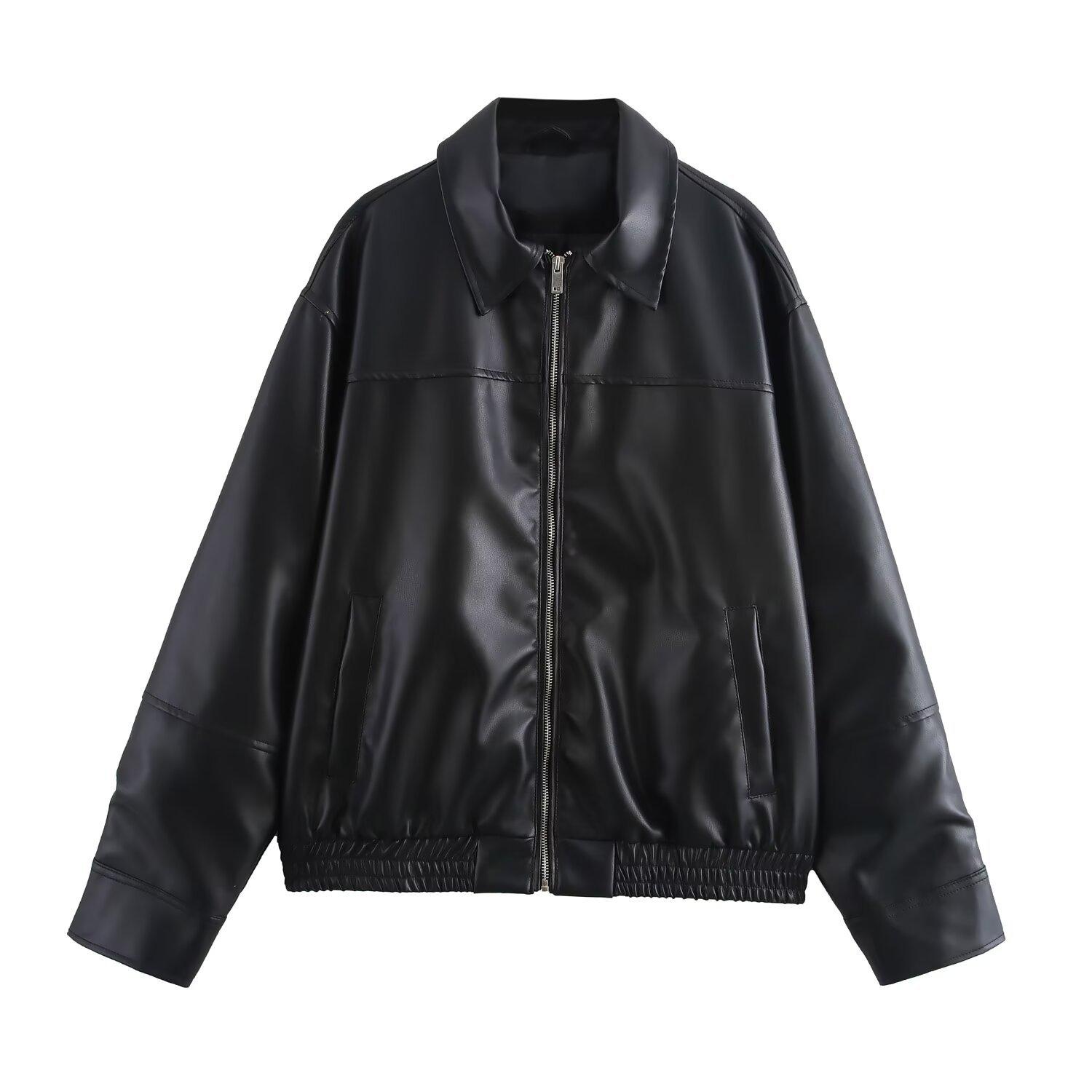 Dames Effen Kleur Lange Mouwen Imitatieleer Pilotjack XS