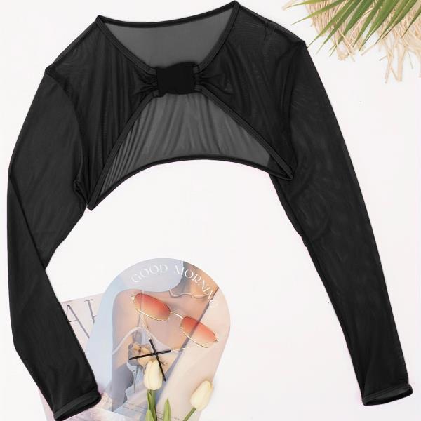 2025 European & American Solid Mesh Swimsuit: Women's Long Sleeve Cover-up Beachwear