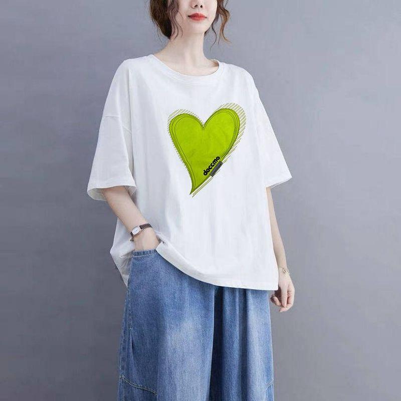 150kg Plus Size Korean Style Women's Short-Sleeve T-Shirt, Heart-Shaped Design, Loose Fit, Slimming Top, Cover-Up Shirt for Women
