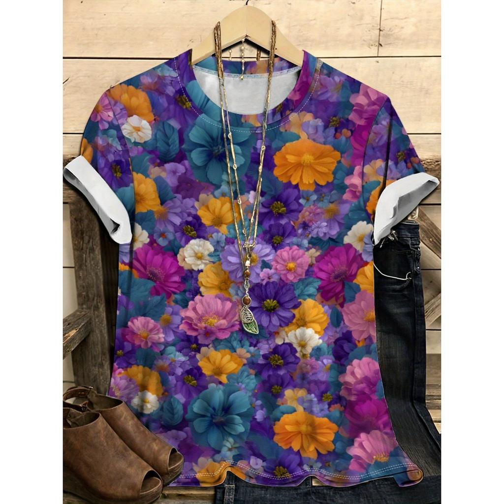Summer Round Neck Flower Pattern 3D Print Top Fashionable Casual Short Sleeved Women's T-shirts