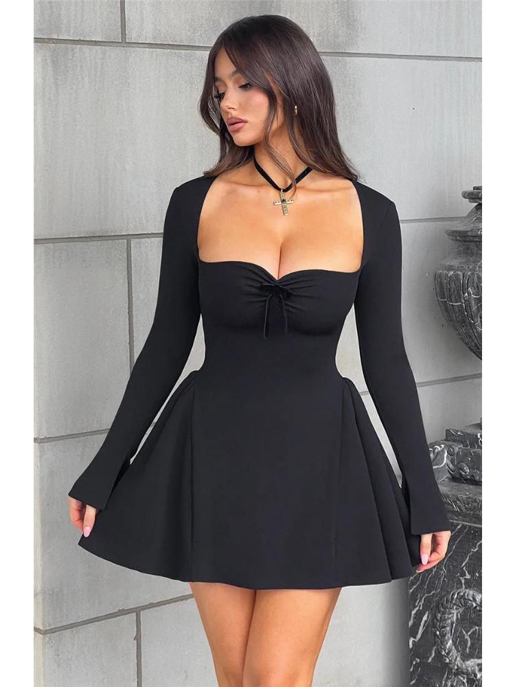 Long Sleeve A-line Sexy Mini Dress for Women Robe Autumn Fall Bow Square Collar Pleated Dress Elegant Dresses
