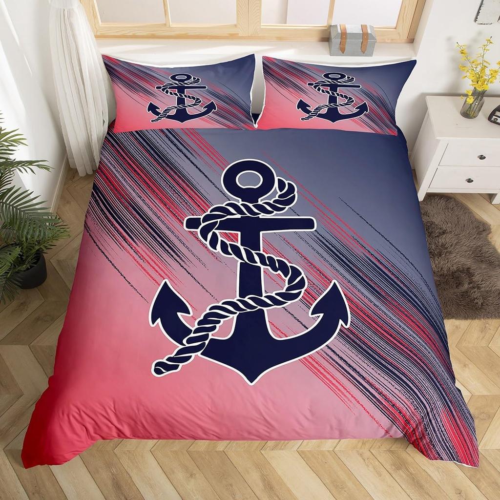 Nautical Anchor Duvet Cover,Geometric Stripes Anchor Bedding Set Twin For Boys Girls Room Decor,Ocean Adventure Comforter Cover